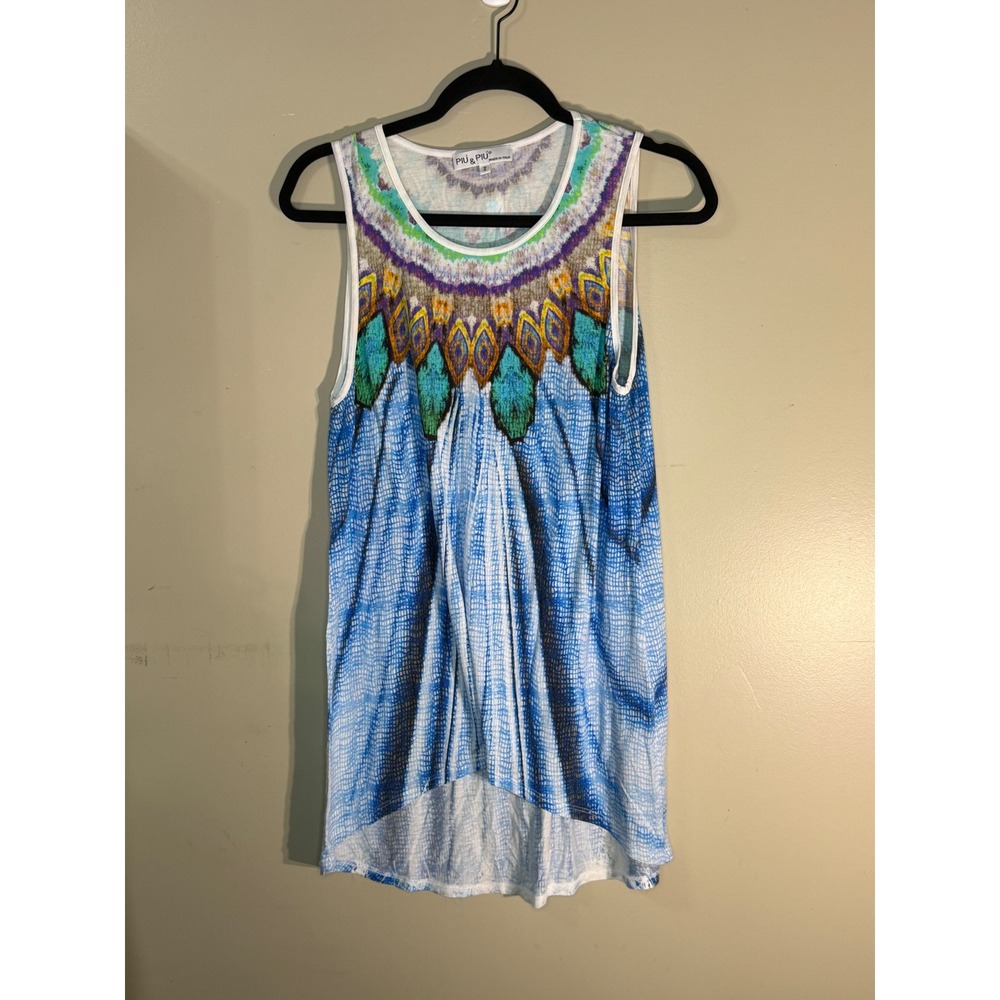 Piu & Piu Italy Blue White Grid Print Sleeveless Top Boho Neckline High Low V